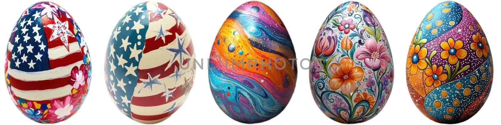 A vibrant and eyecatching display of beautifully decorated Easter eggs that showcase intricate artistic designs