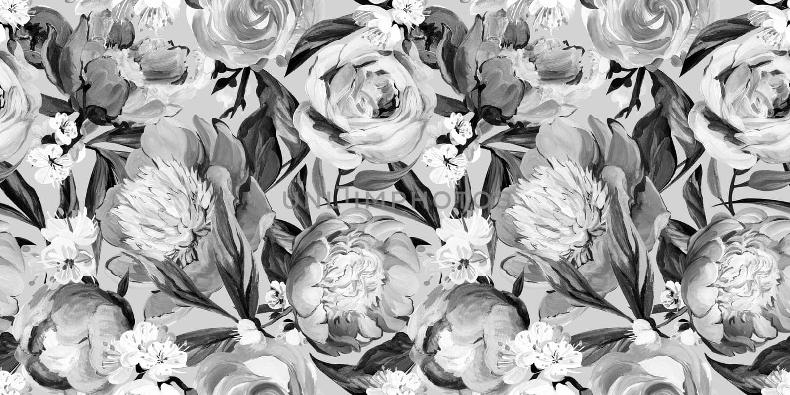Seamless monochrome spring pattern drawn in gouache with pink peonies for trxtile