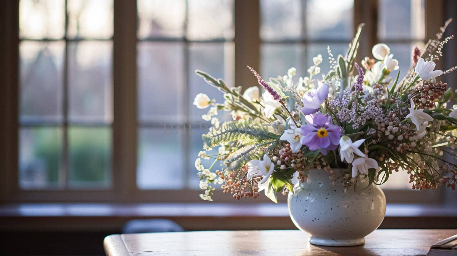 Floral arrangement with winter or early spring botanical plants and flowers idea