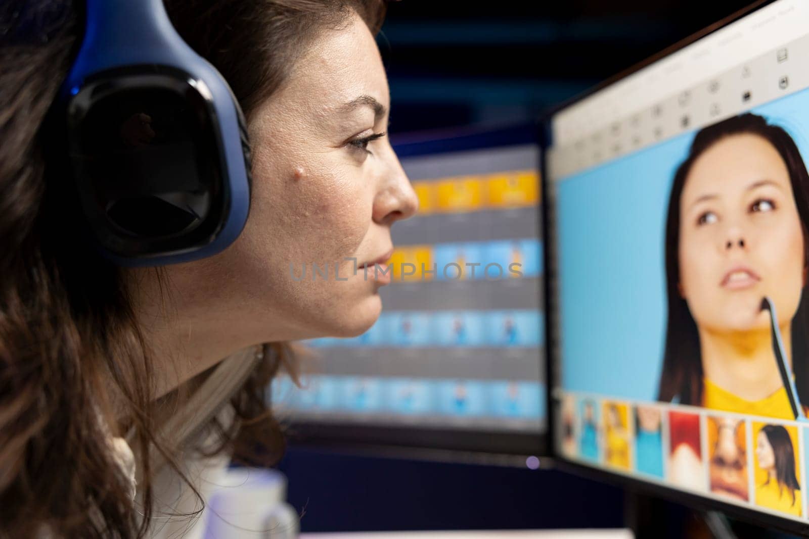 Content specialist selecting best editorial pictures for social media while listening music through headphones. Expert editing photos in advertising agency office, close up