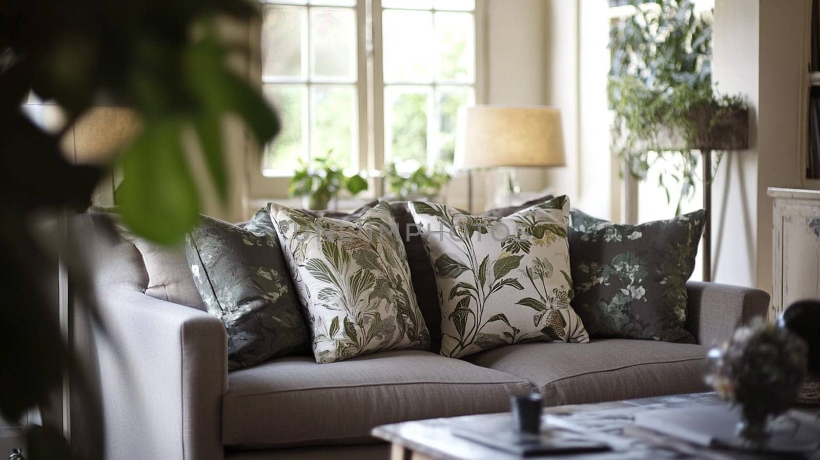 Elegant English interiors, featuring rich fabrics, delicate floral patterns, and timeless decor with a romantic and sophisticated atmosphere