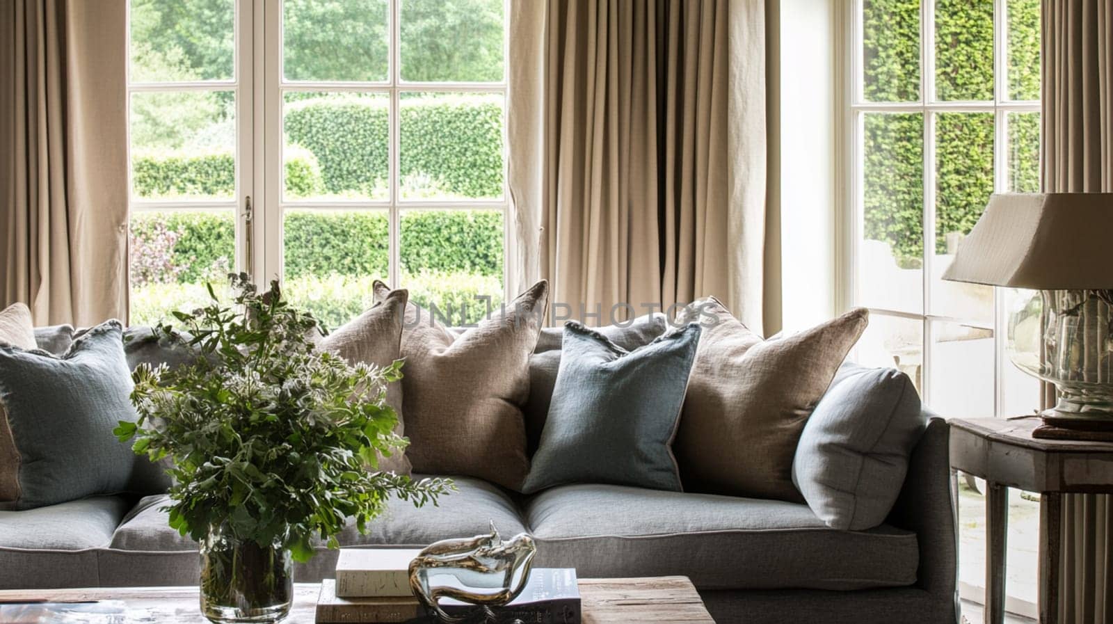 Elegant English interiors, featuring rich fabrics, delicate floral patterns, and timeless decor with a romantic and sophisticated atmosphere