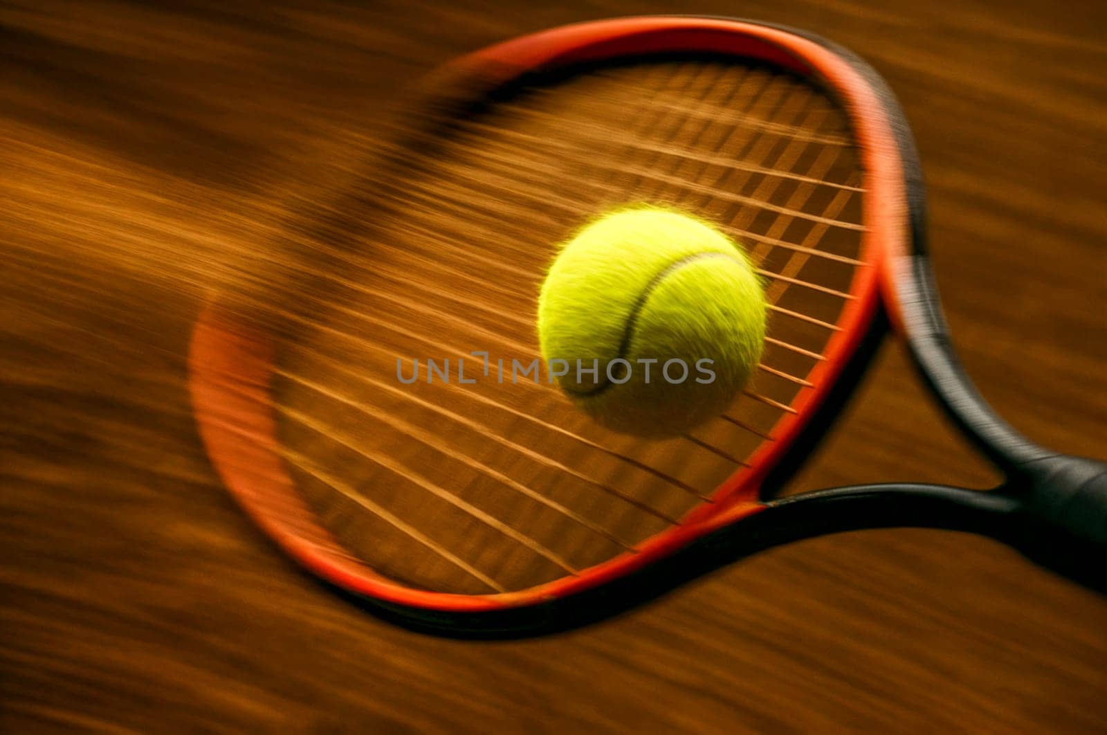 Close-up of a tennis ball striking a racket with force and speed. Symbol of precision, power, and competitive motion in tennis.