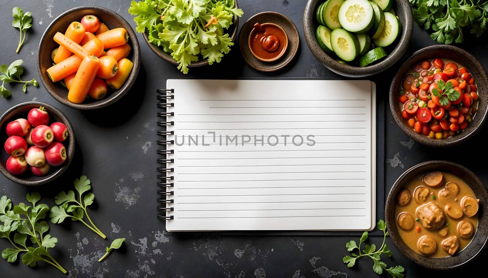 A notebook with a page of food items and a line drawn across it. The food items include carrots, radishes, tomatoes, cucumbers, and lettuce. The notebook is placed on a table with a black background