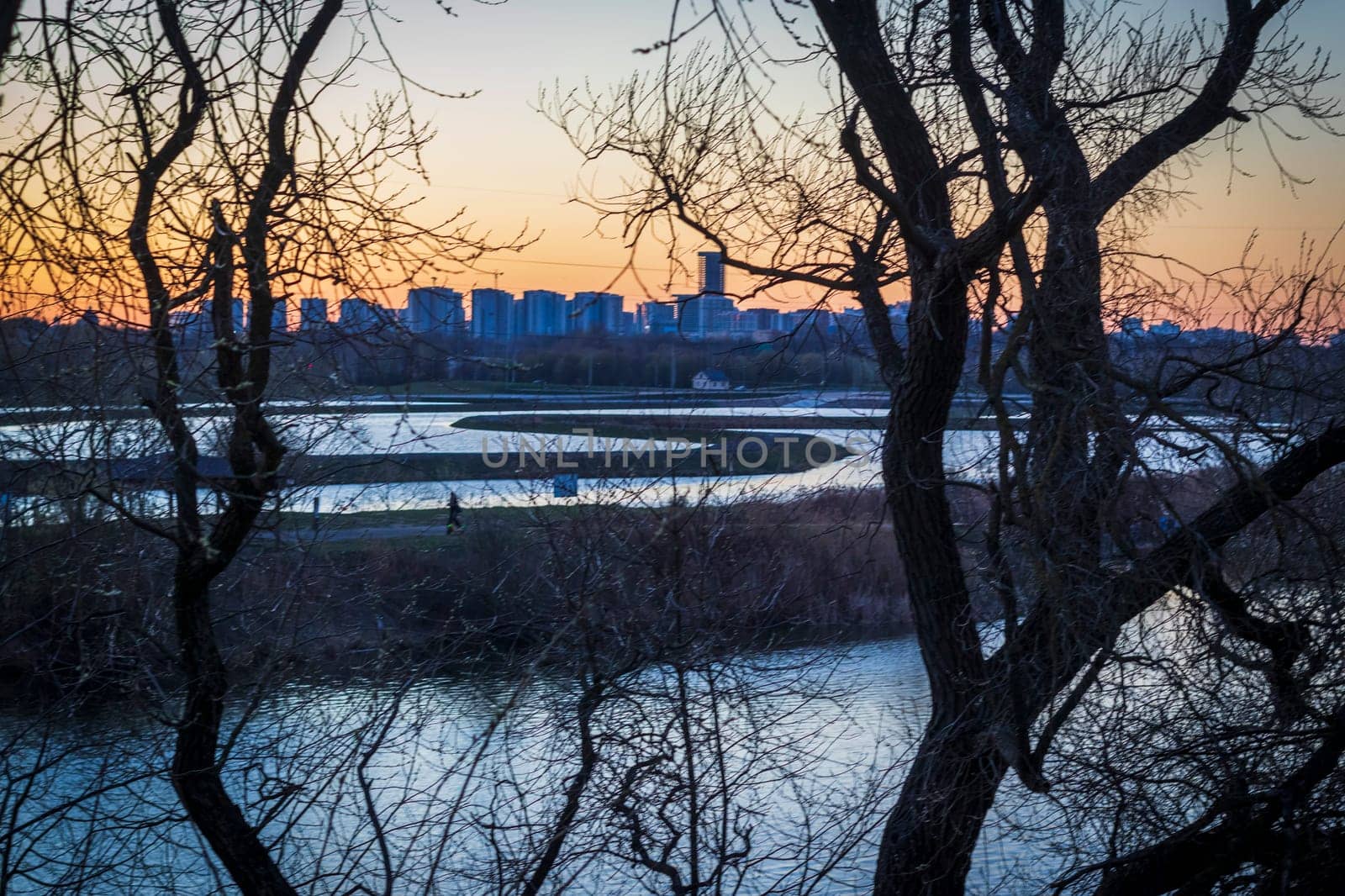 Sun set over a large water reservoir