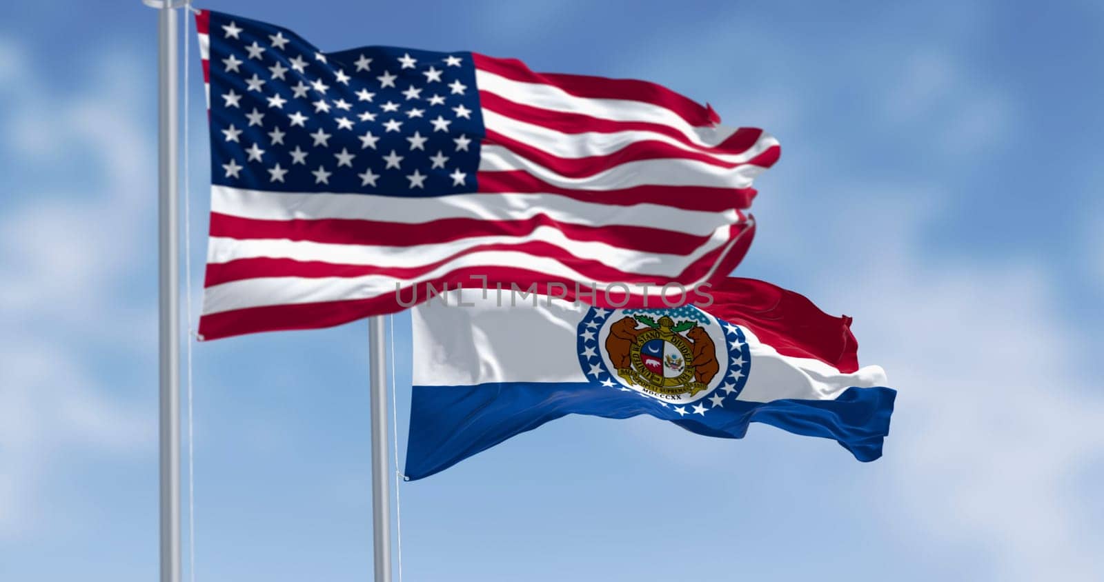High-resolution 3D render of Missouri state flag and US national flag waving together. Symbols of unity, freedom, patriotism, and democracy. Ideal for civic, editorial, and national use