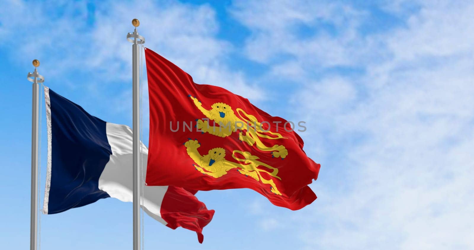 High-quality 3D render of the Normandy regional flag and French national flag waving together. Symbol of heritage, identity, and pride in northern France