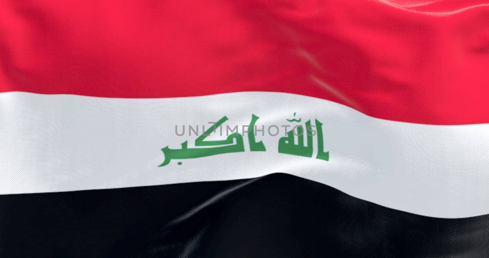 High-resolution 3D render of the Iraqi national flag waving with Arabic Takbir text. Symbol of patriotism, freedom, Arab culture, and national identity. Ideal for editorial and political use