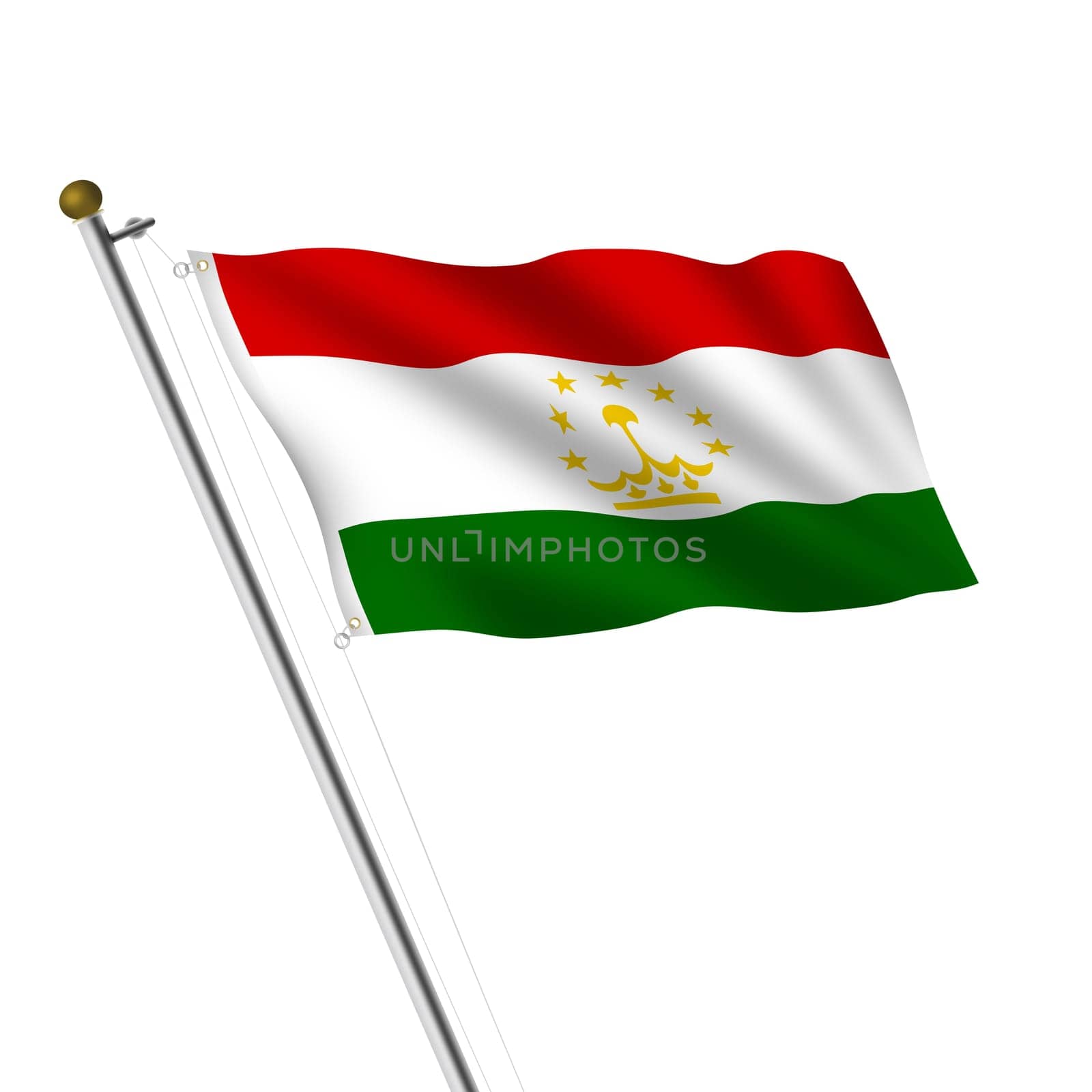 A Tajikistan flagpole 3d illustration on white with clipping path red white green yellow crown stars