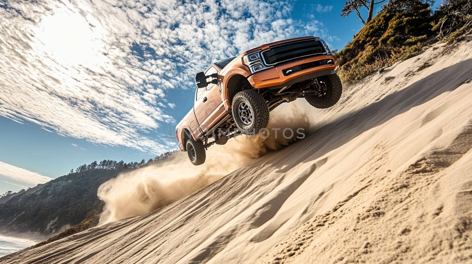 A robust truck soars above a sandy dune, kicking up dust and gravel as it navigates through the woodland landscape under bright sunlight.