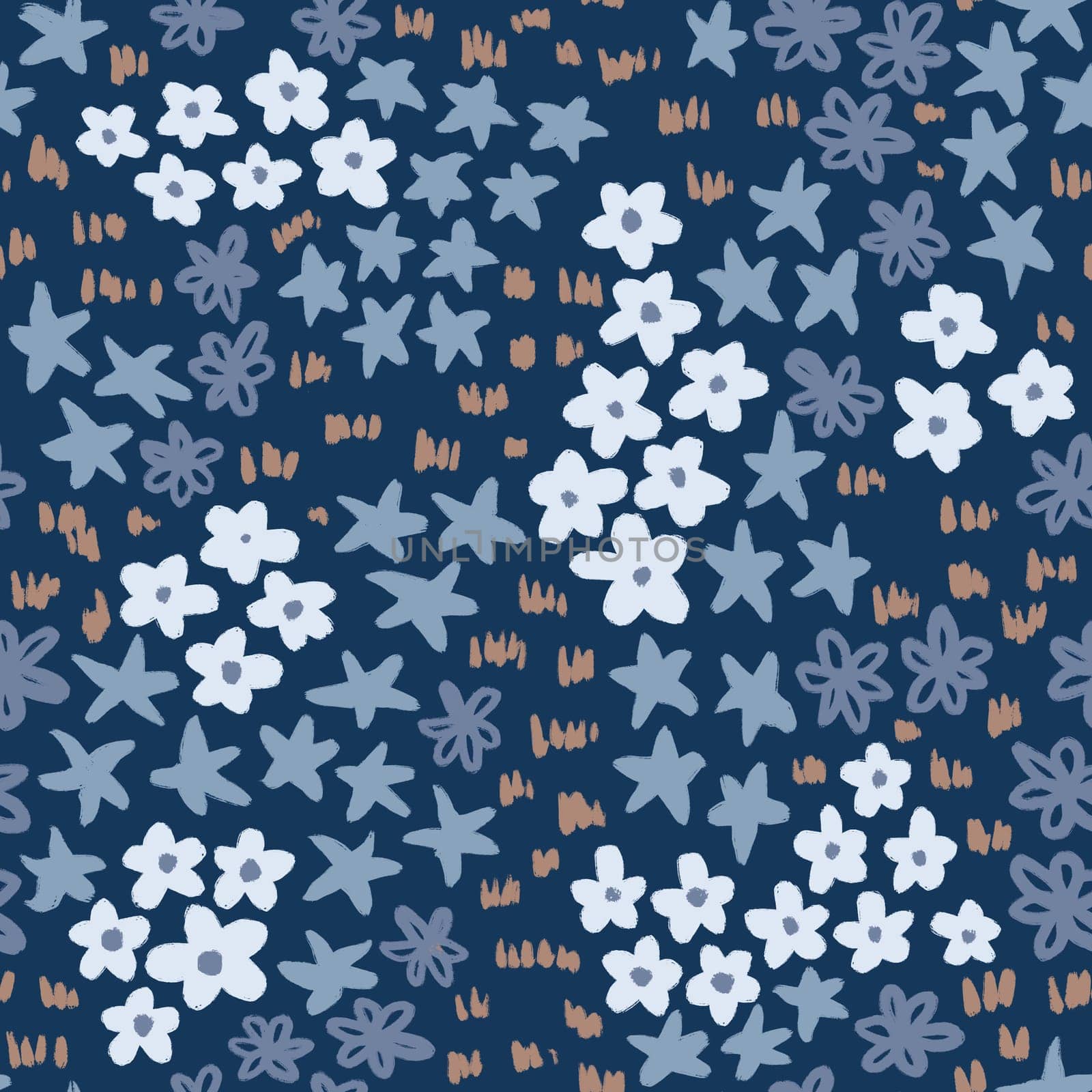 Hand drawn seamless pattern in trendy blue mauve colors. Simple retro vintage ditsy flower floral print design, cute small tiny blossom meadow, navy indigo fabric background, textile wrapping paper wallpaper