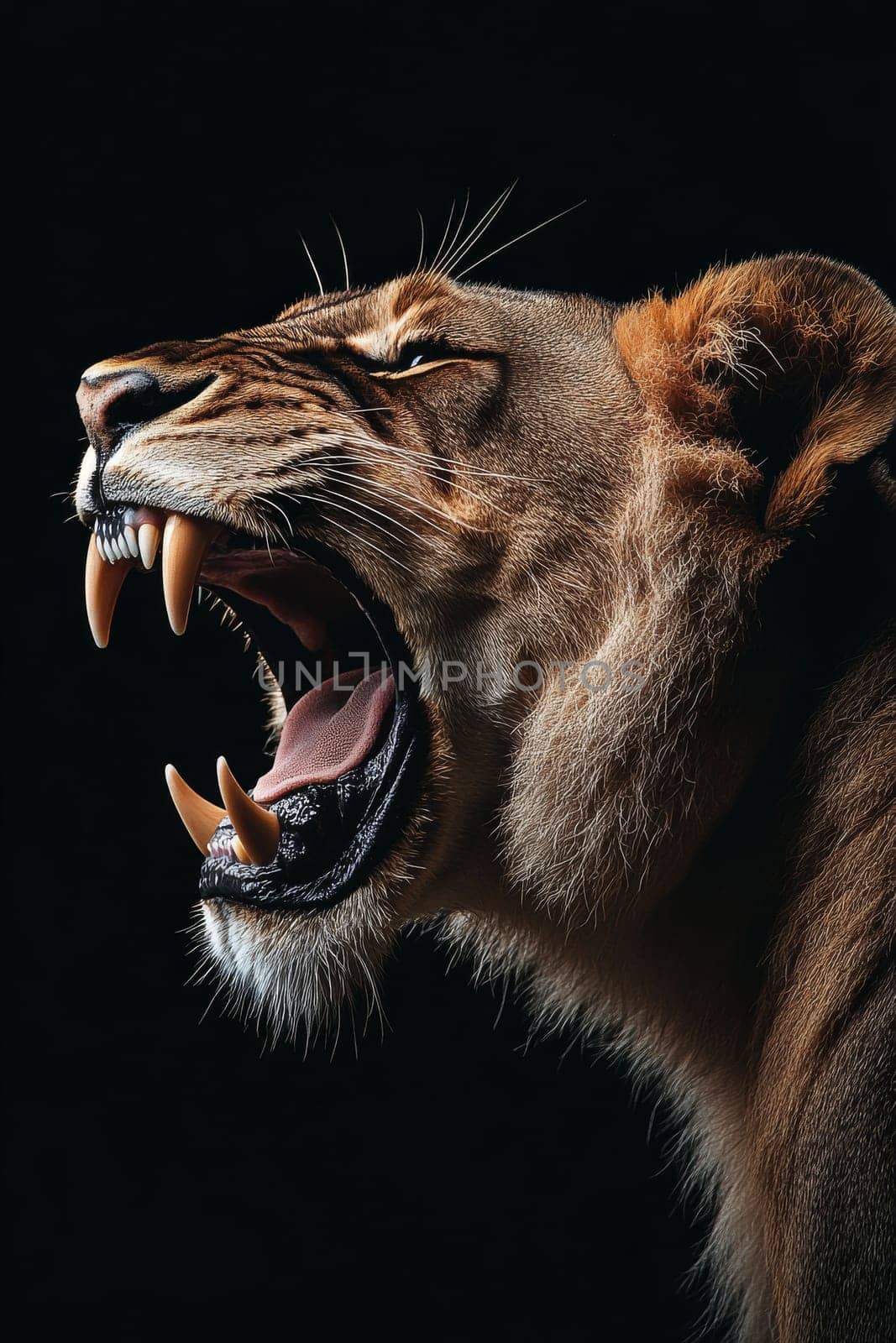 This striking lion lets out a fierce roar, demonstrating its regal strength and commanding presence against a dark backdrop.
