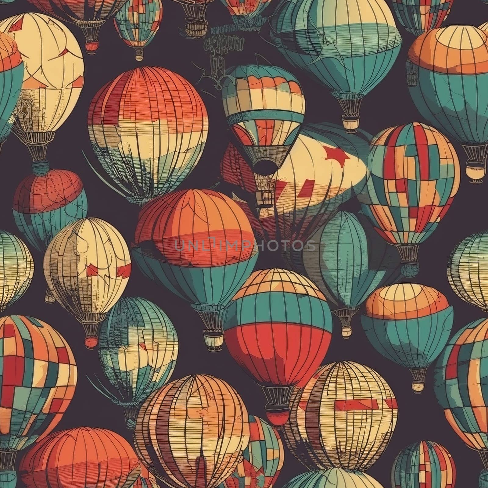 Colorful hot air balloons with vintage style seamless pattern, created with generative AI