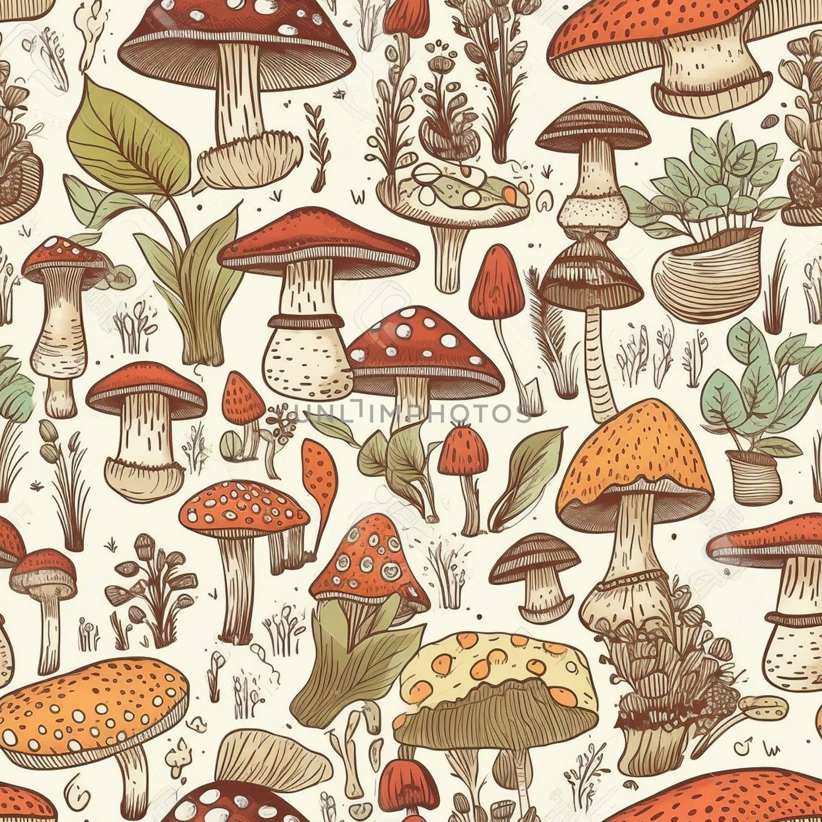 Mushroom seamless pattern tile, created with generative AI