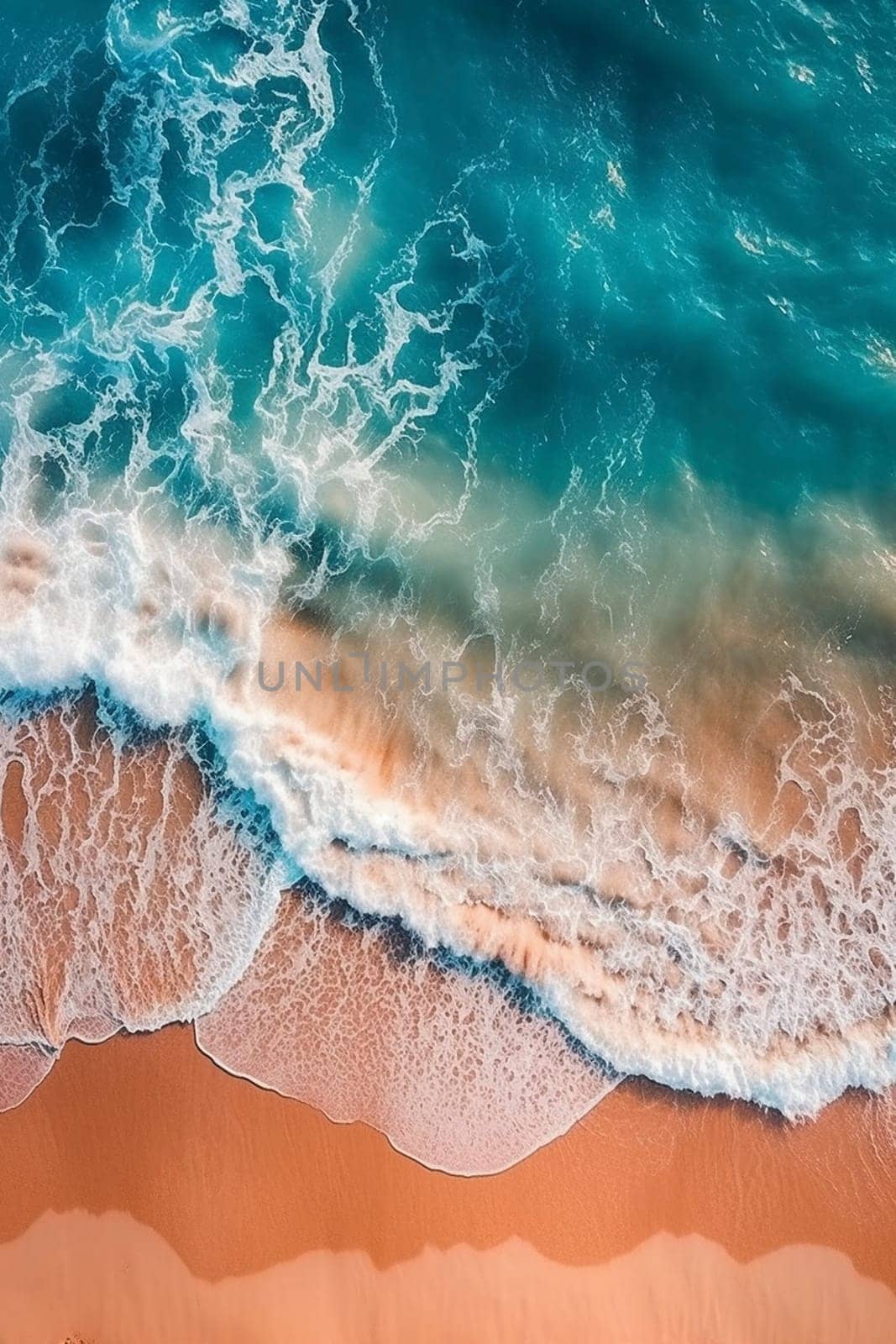 Ocean waves on the sandy beach, created with generative AI
