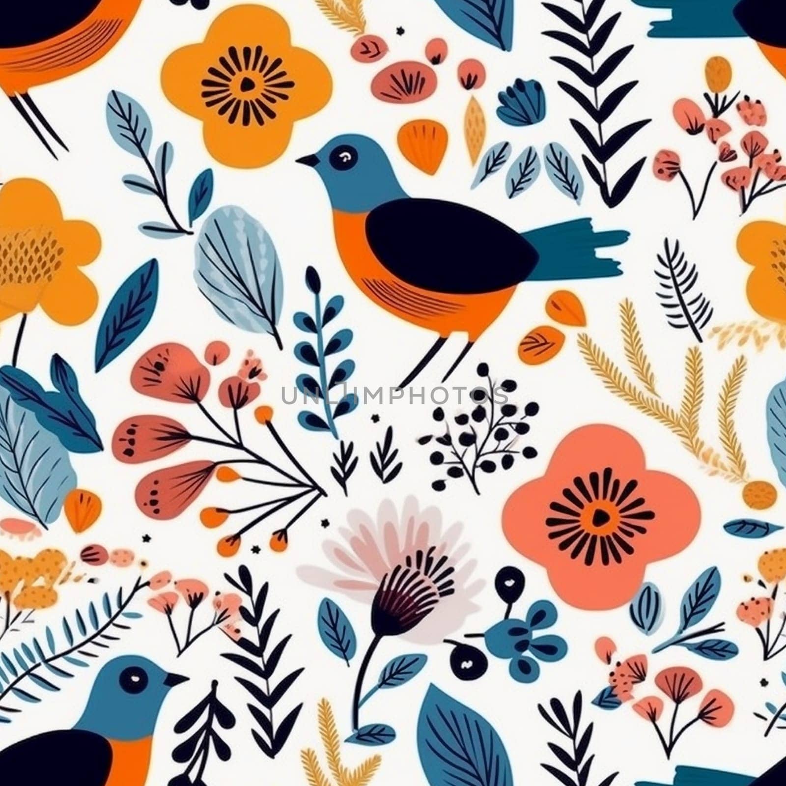 Modern leaves, flowers and birds  seamless pattern tile, created with generative AI