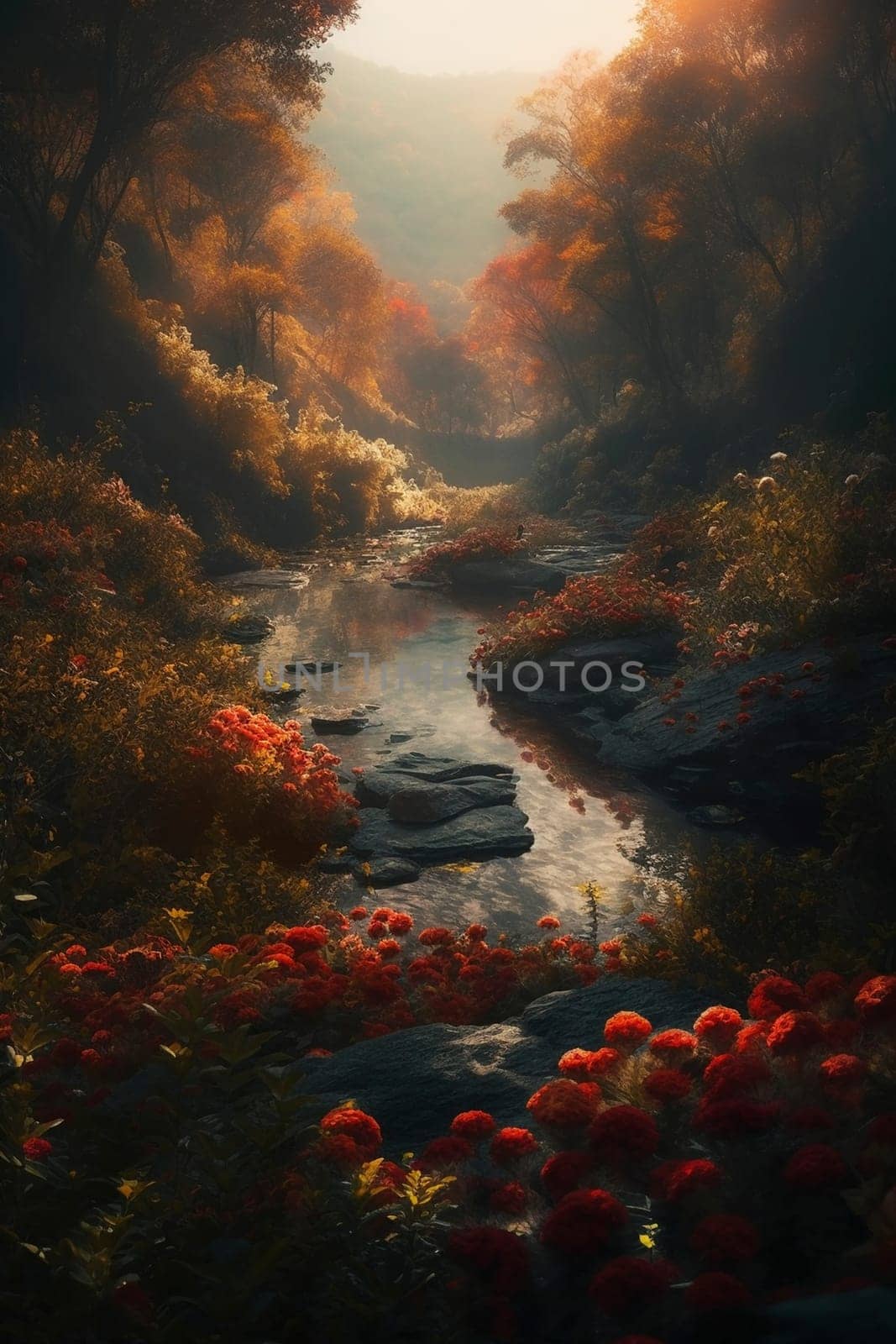 Small river in the forest illustration, created with generative AI
