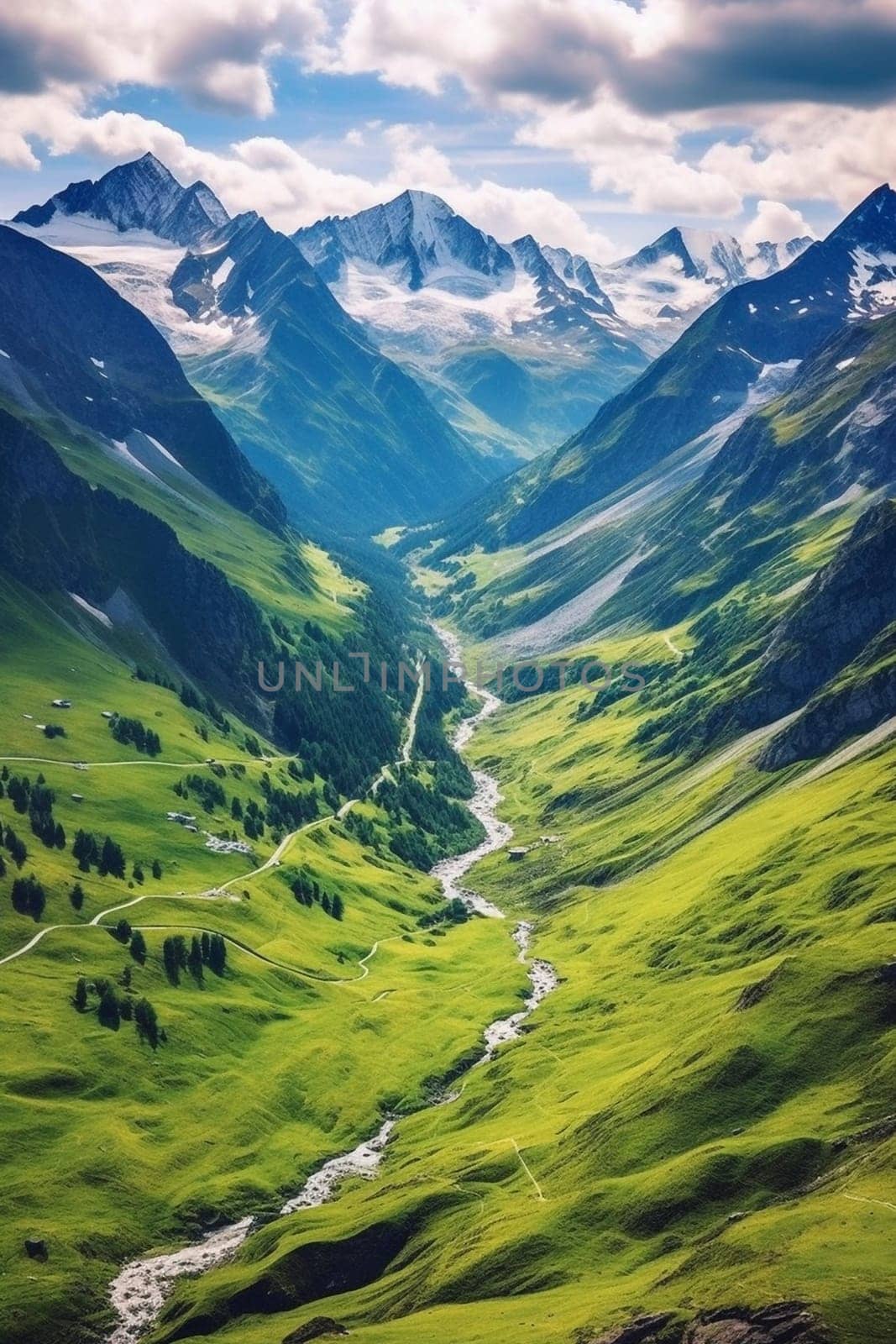 Small river high in the in the mountains, created with generative AI