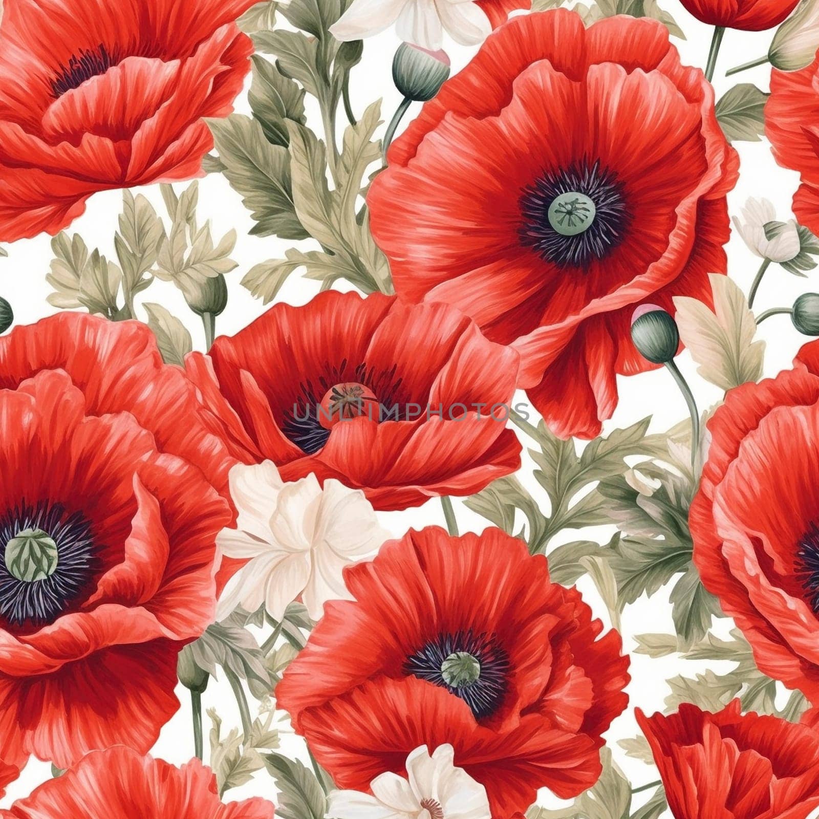 Beautiful elegant red poppies flower seamless pattern tile, created with generative AI