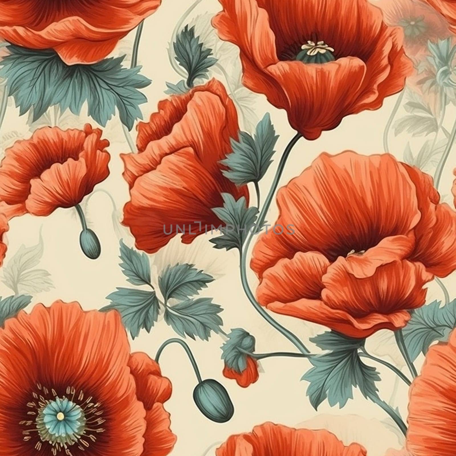 Beautiful elegant red poppies flower seamless pattern tile, created with generative AI
