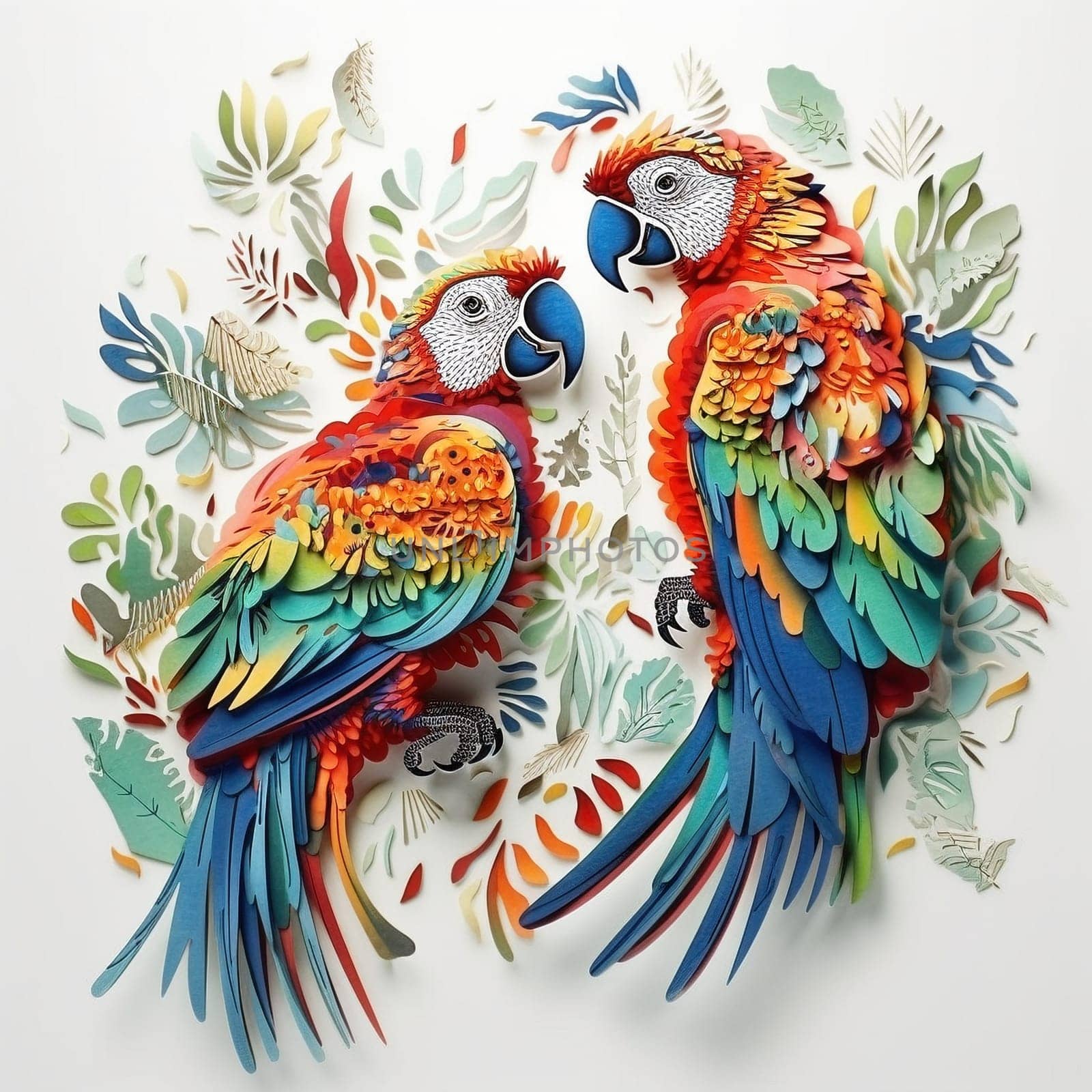 Two meticulously crafted paper parrots sit perched with a backdrop of lush, multi-colored flora