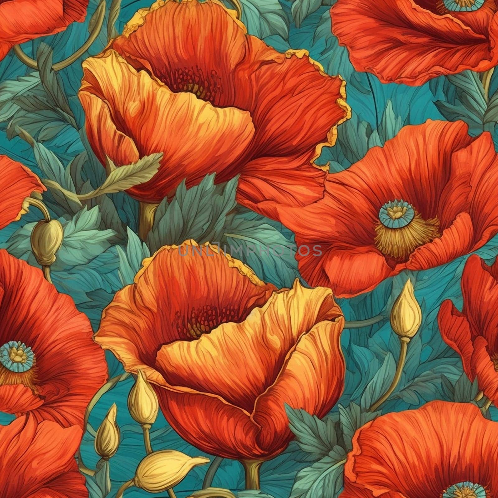 Beautiful elegant red poppies flower seamless pattern tile, created with generative AI