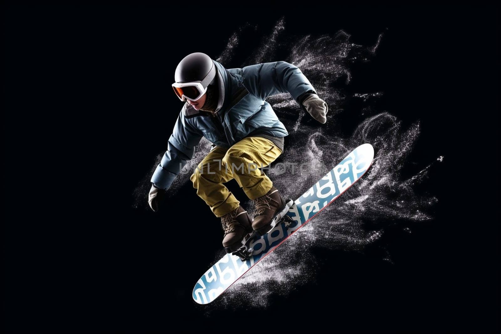 Snowboarder jumping through air on a black background, created with generative AI