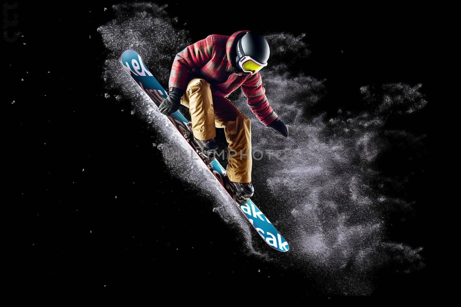 Snowboarder jumping through air on a black background, created with generative AI