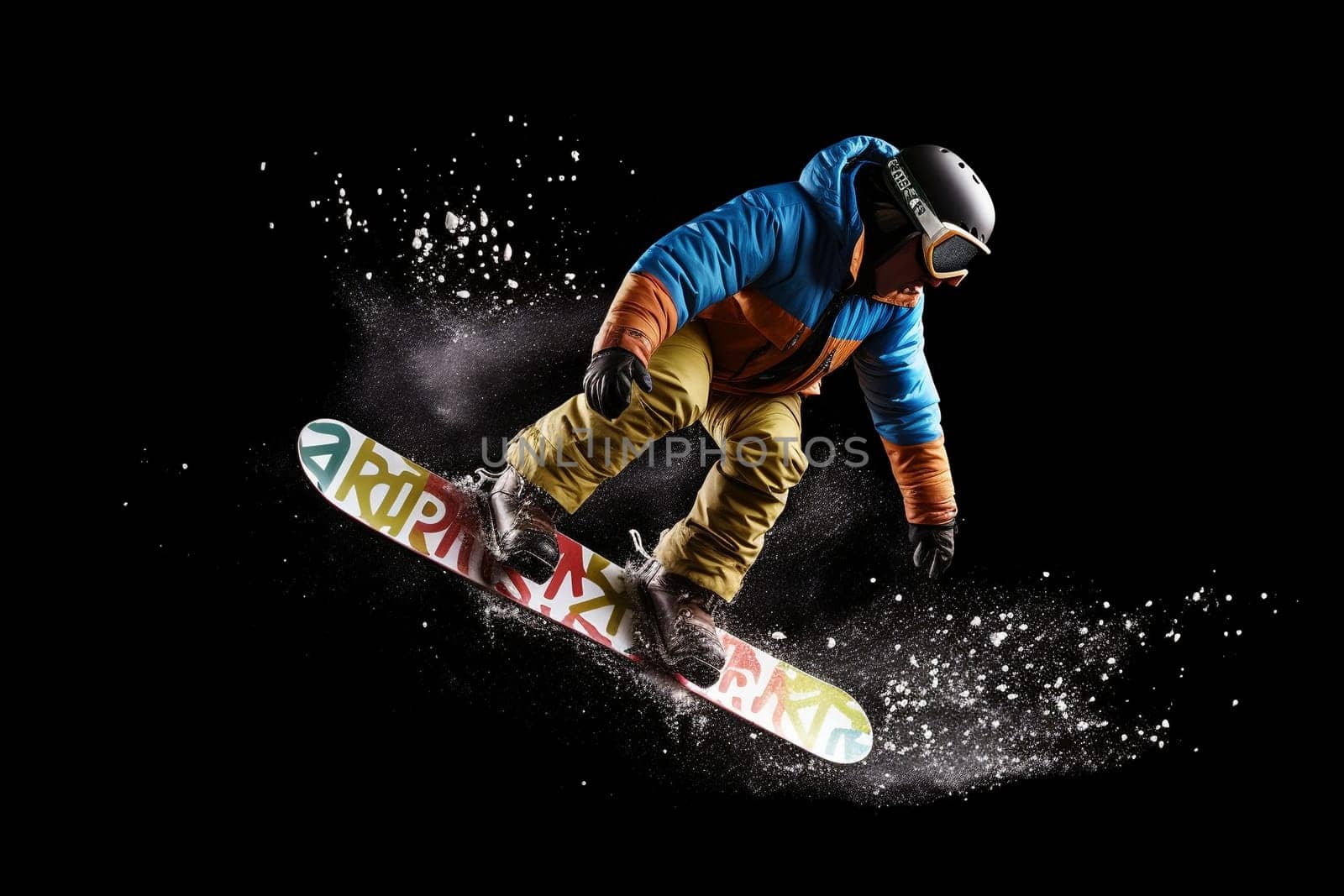Snowboarder jumping through air on a black background, created with generative AI