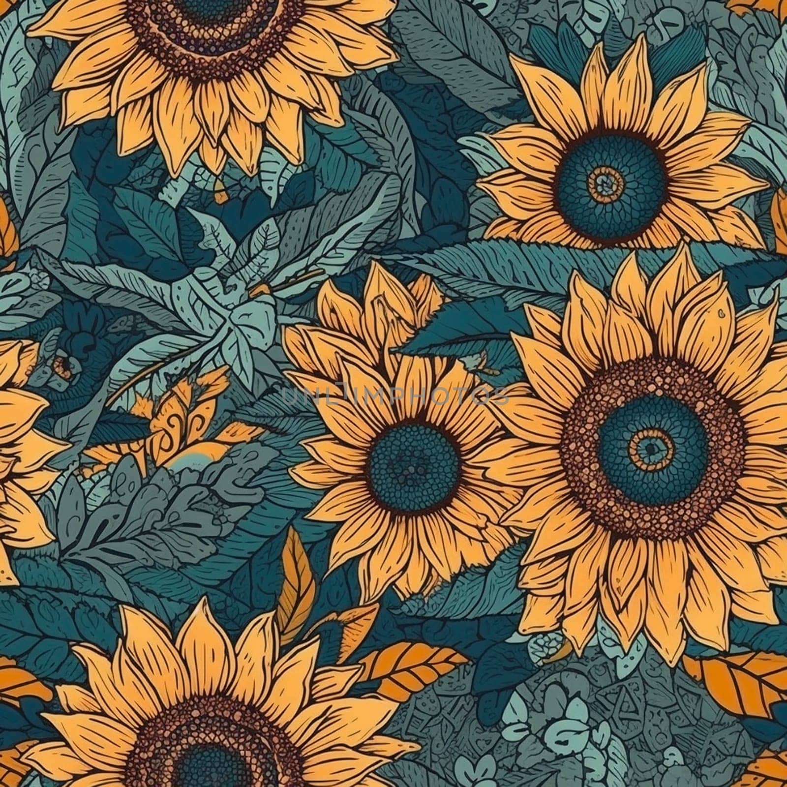 Beautiful elegant sunflower seamless pattern tile, created with generative AI