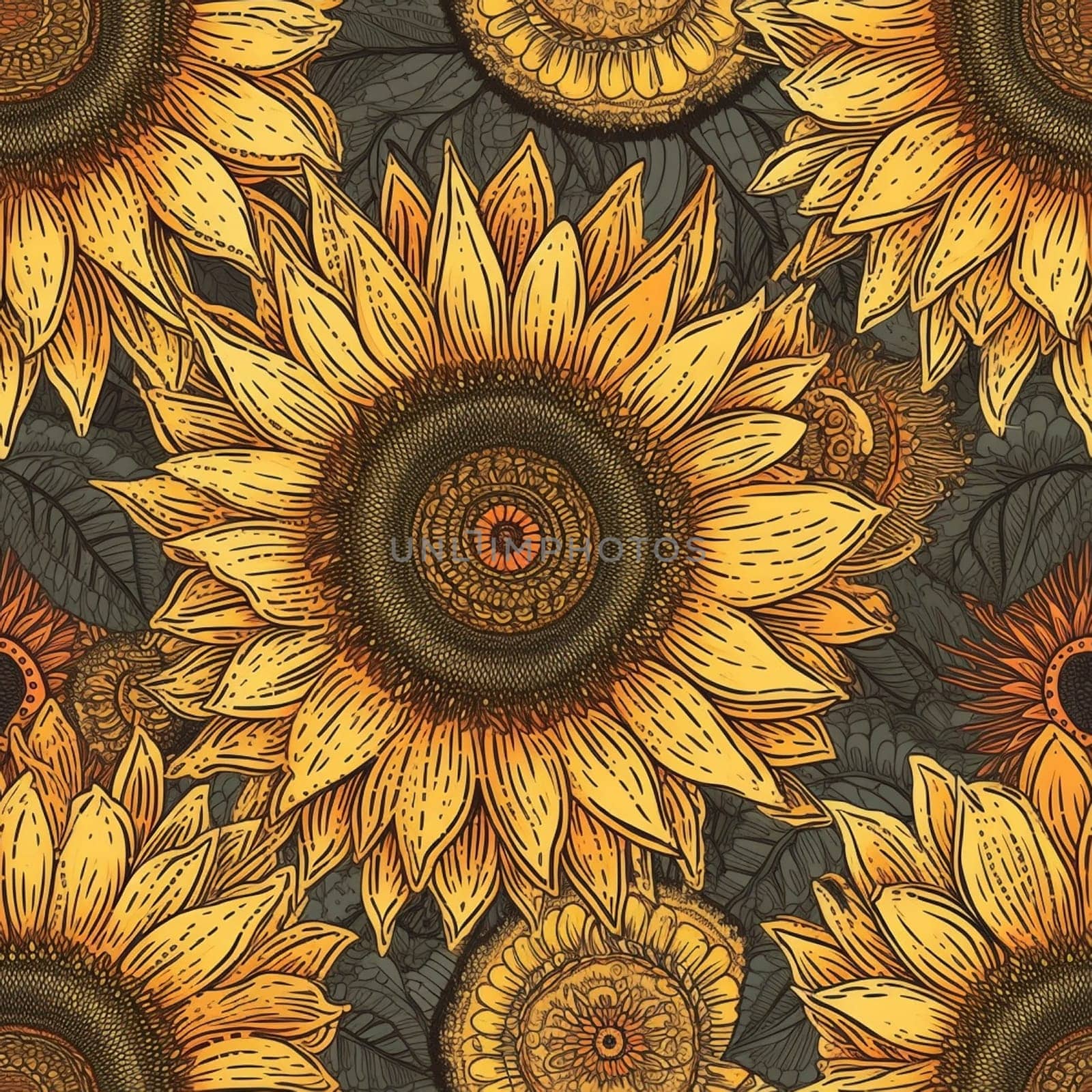 Beautiful elegant sunflower seamless pattern tile, created with generative AI