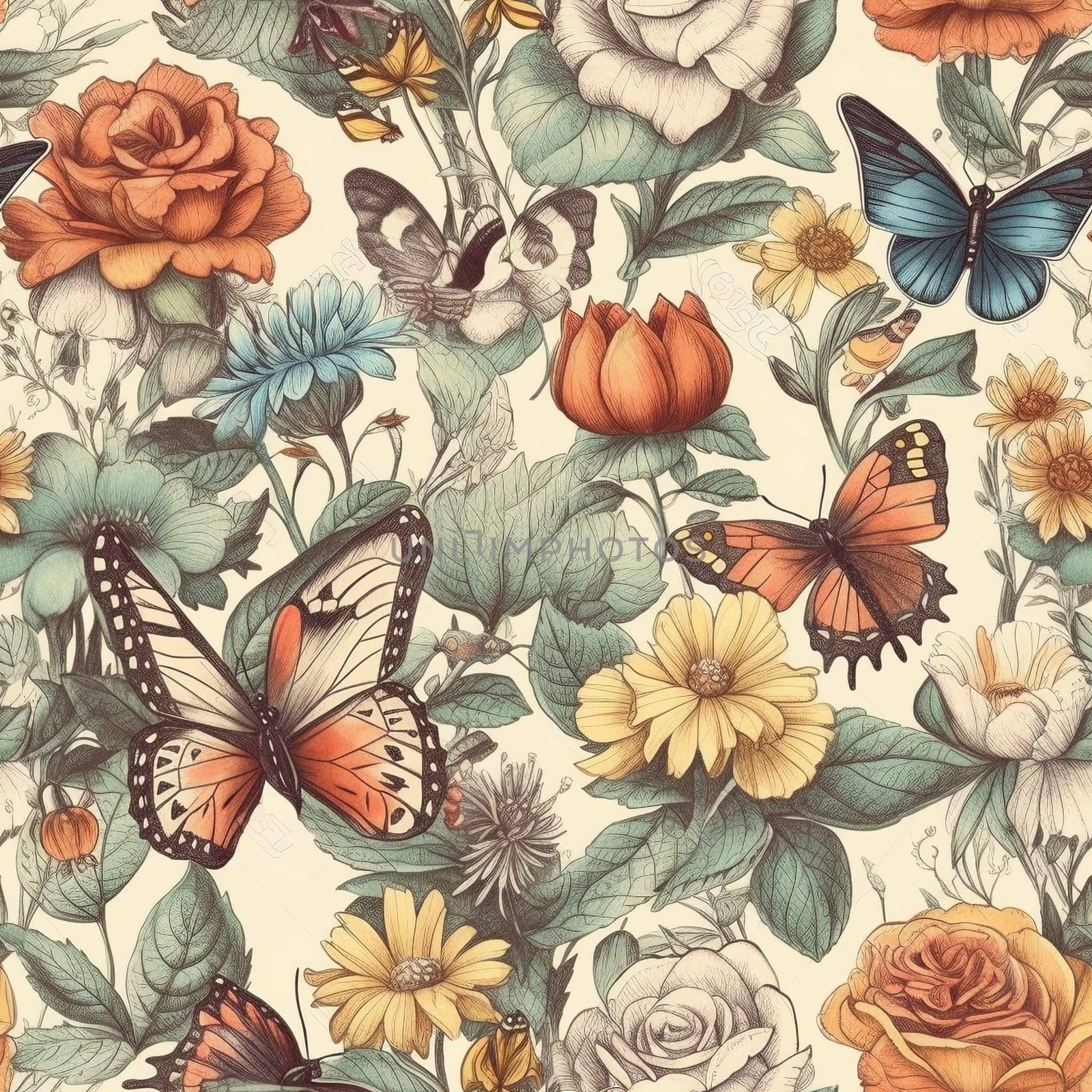 Vintage watercolor floral seamless pattern, created with generative AI