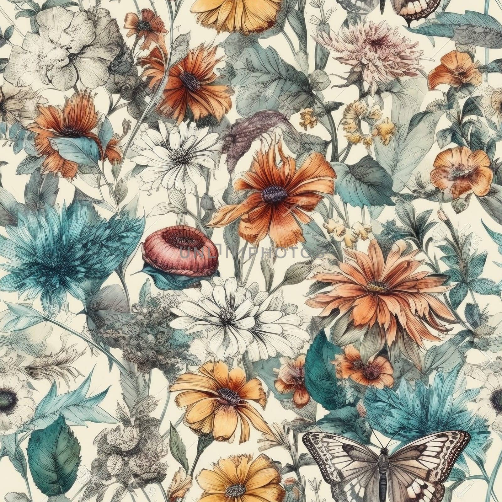 Vintage watercolor floral seamless pattern, created with generative AI