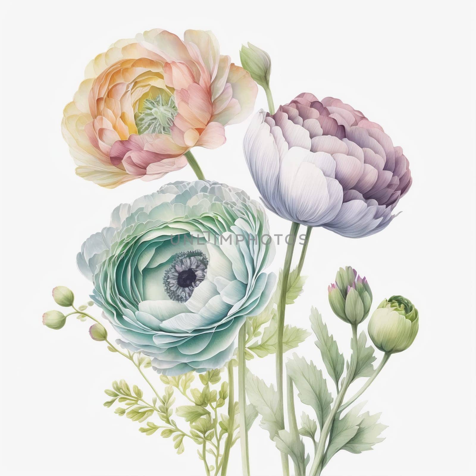 Watercolor pastel ranunculus flower, created with generative AI