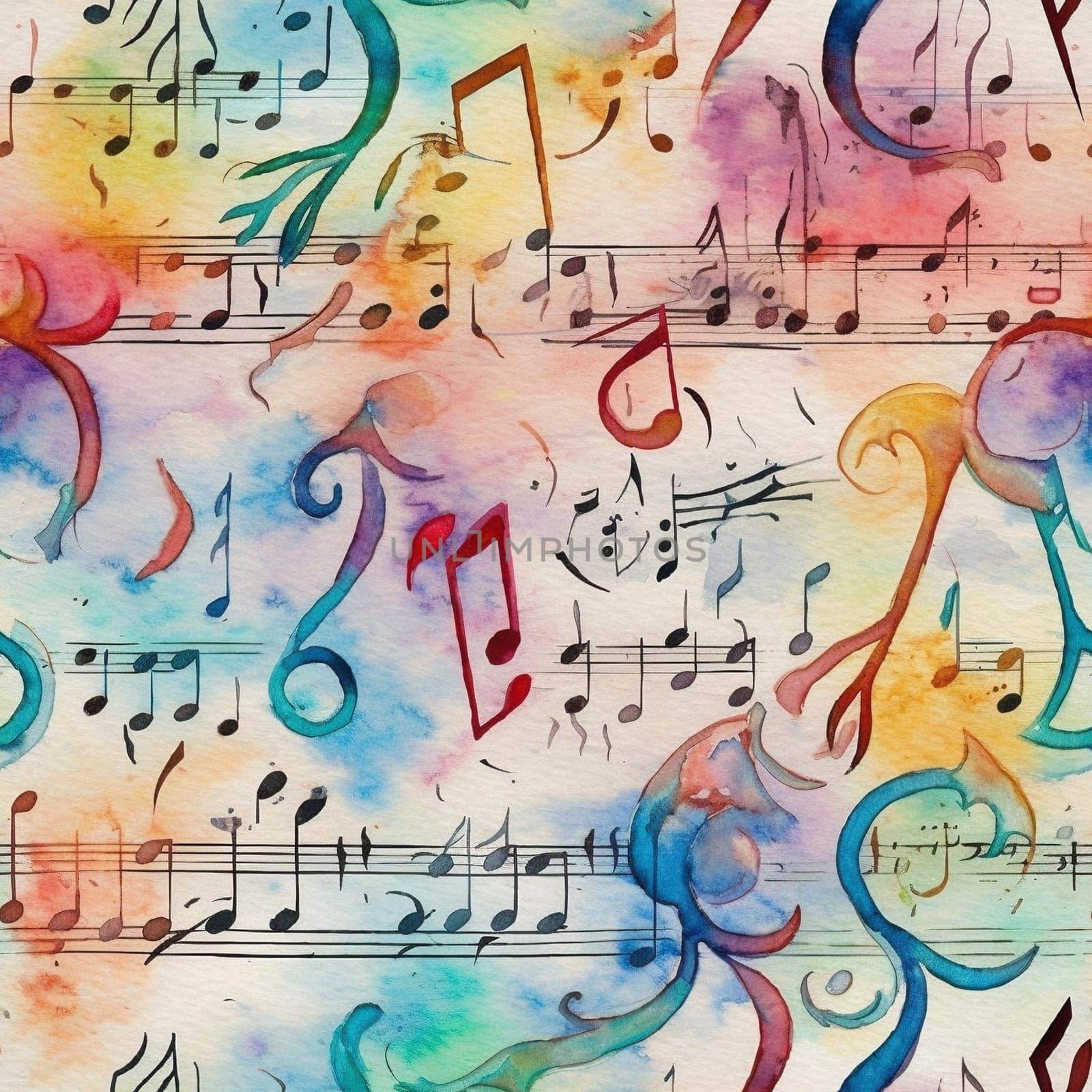Musical notes watercolor style seamless pattern tile, created with generative AI