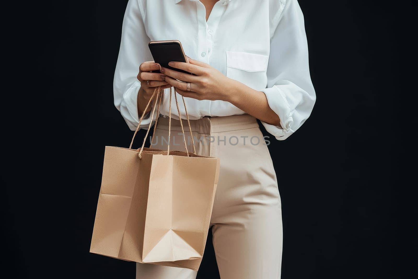 A stylish woman in a white shirt and beige pants juggles shopping bags while focused on her phone, all against a black backdrop.