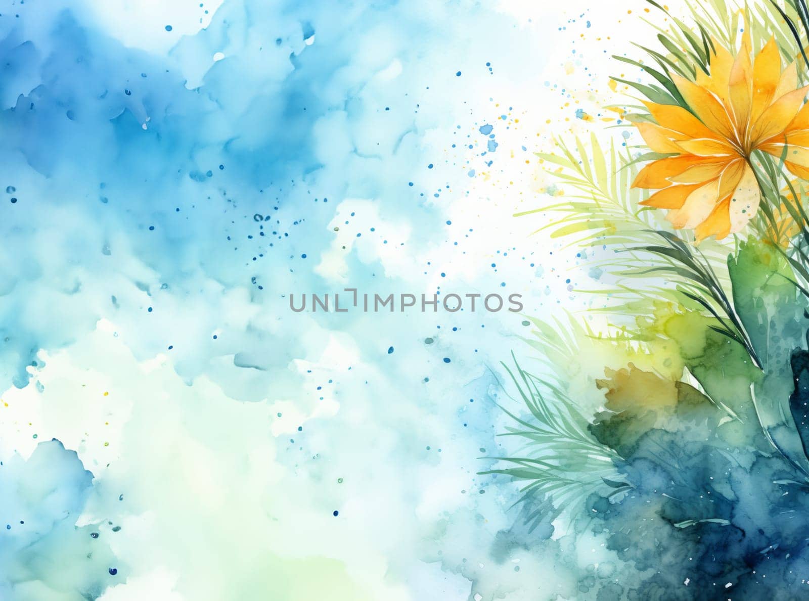 Watercolor painting of flowers and leaves created with a generative AI technology
