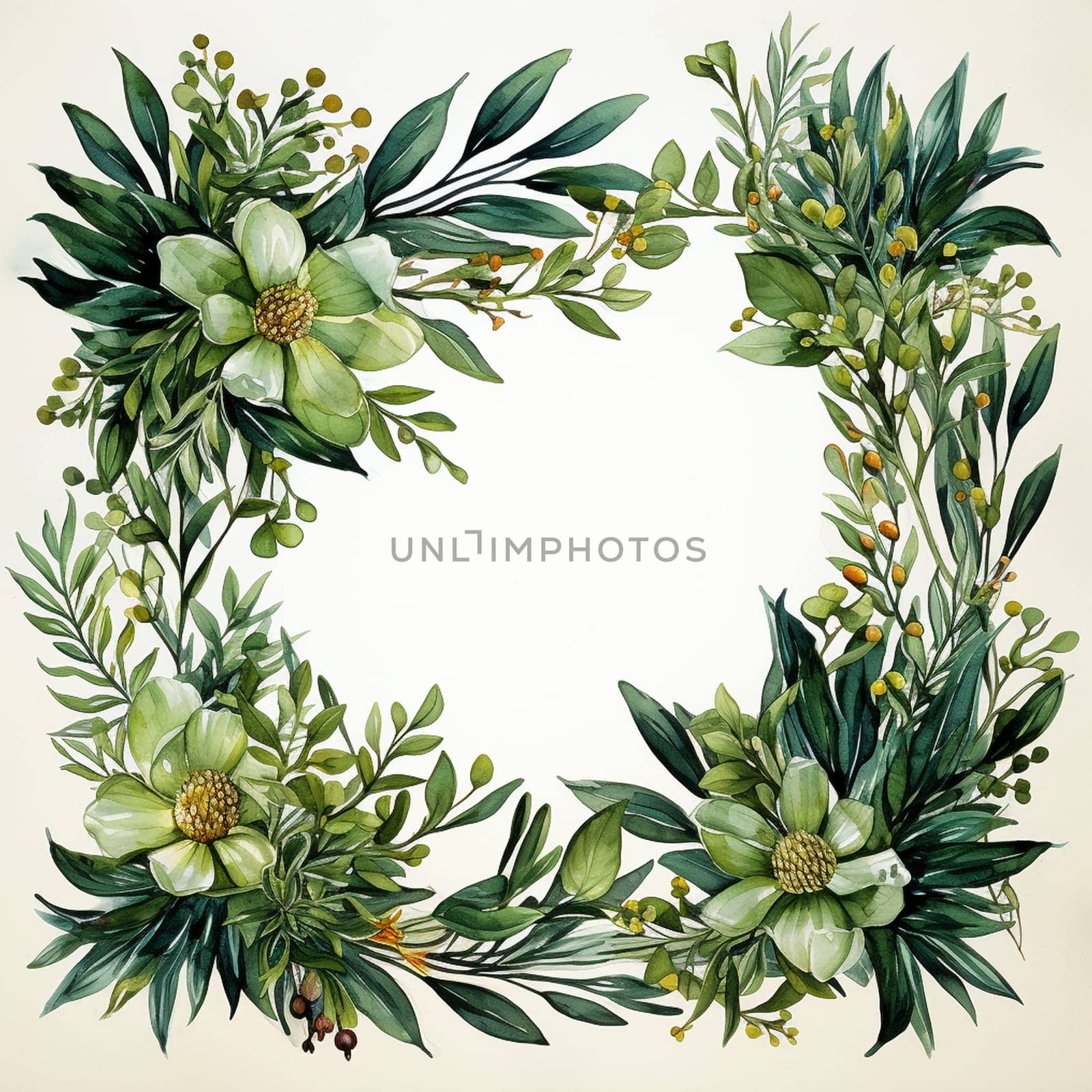 Empty blank frame with greenery elements, created with generative AI