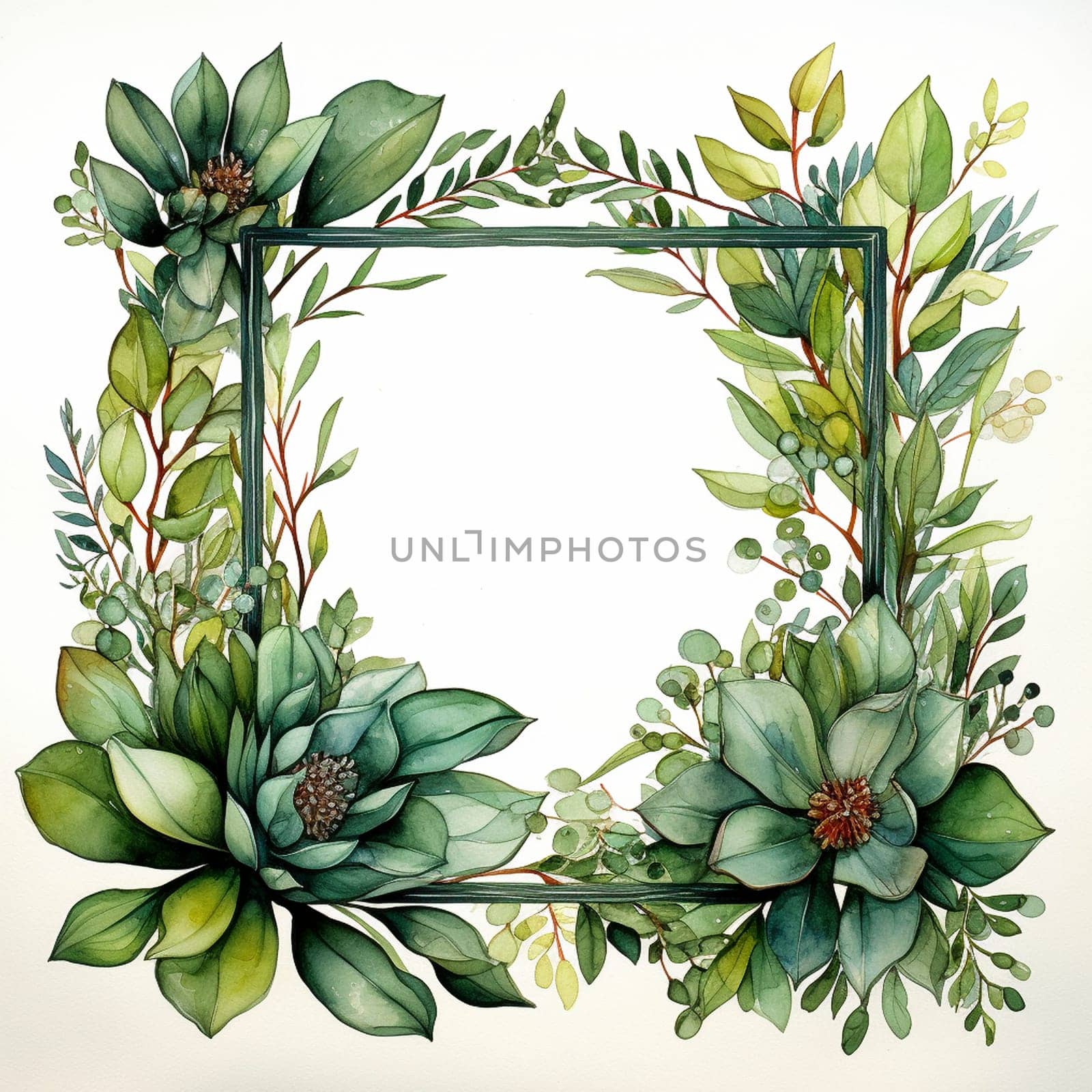 Empty blank frame with greenery elements, created with generative AI