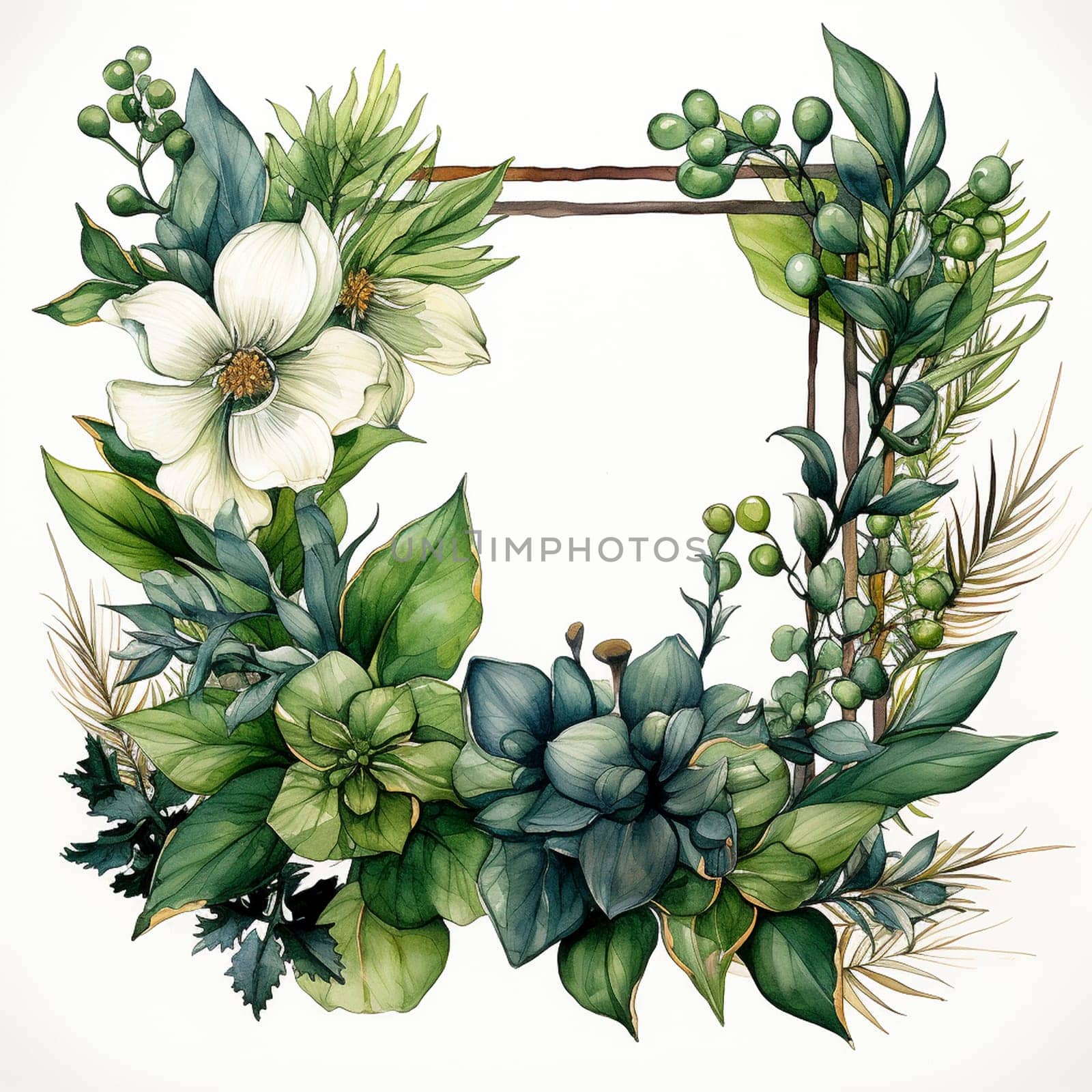 Empty blank frame with greenery elements, created with generative AI