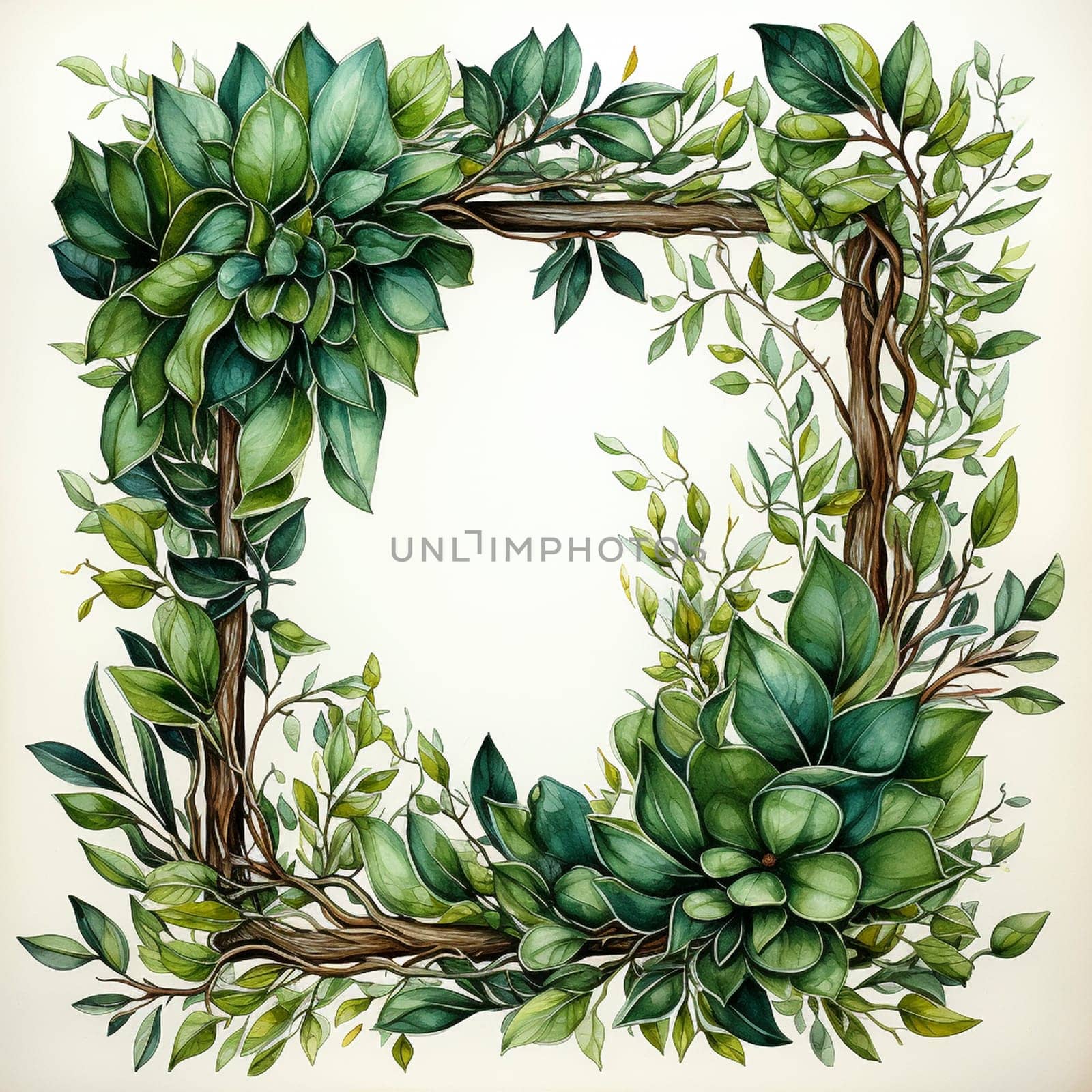 Empty blank frame with greenery elements, created with generative AI