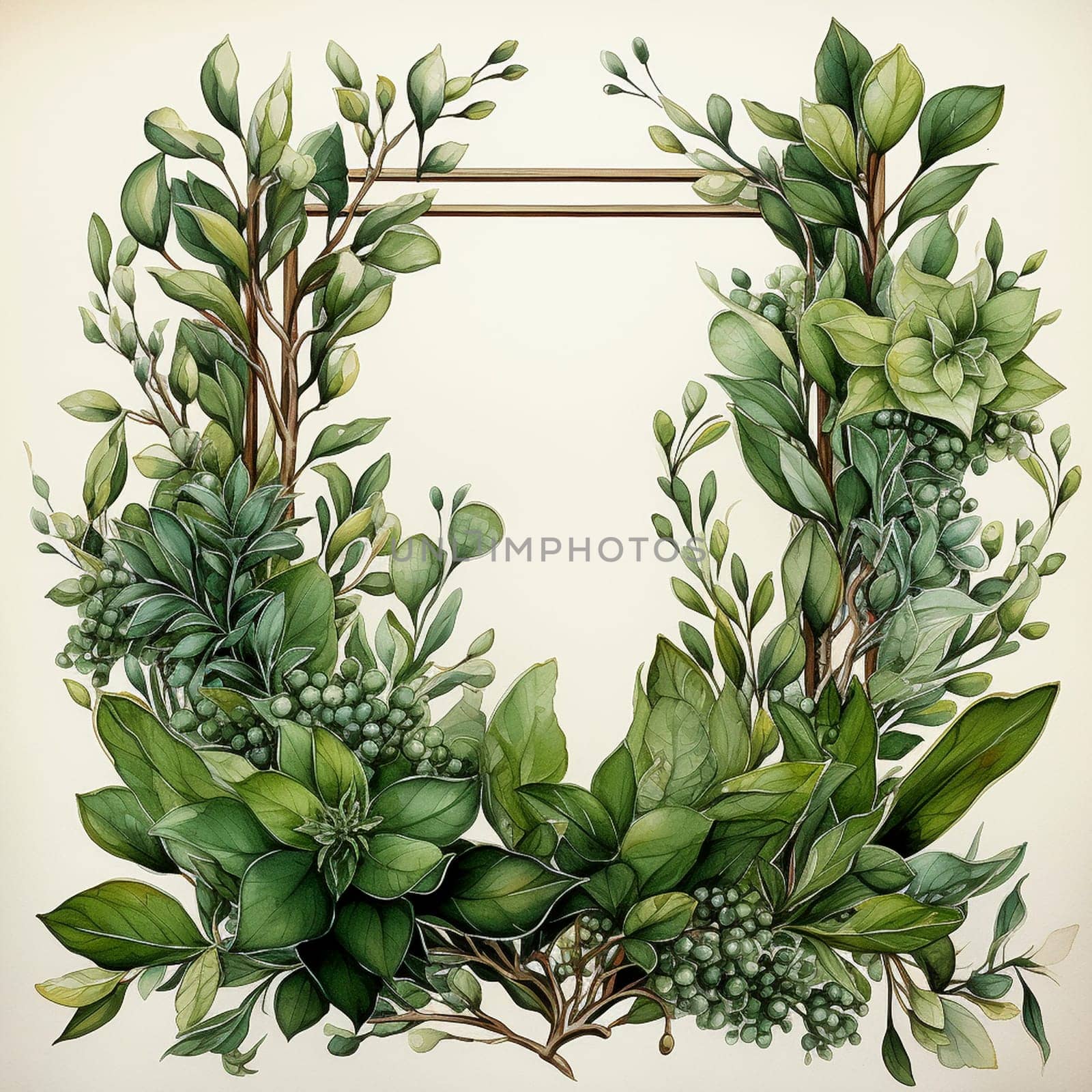 Empty blank frame with greenery elements, created with generative AI