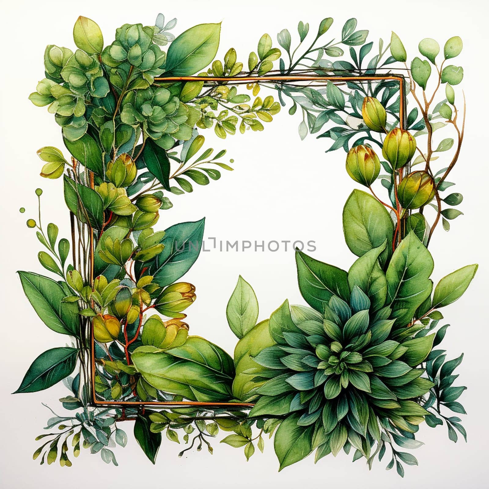 Empty blank frame with greenery elements, created with generative AI