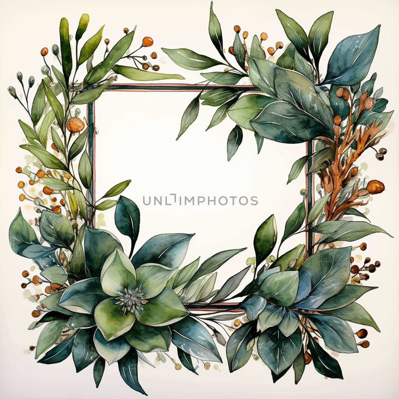 Empty blank frame with greenery elements, created with generative AI