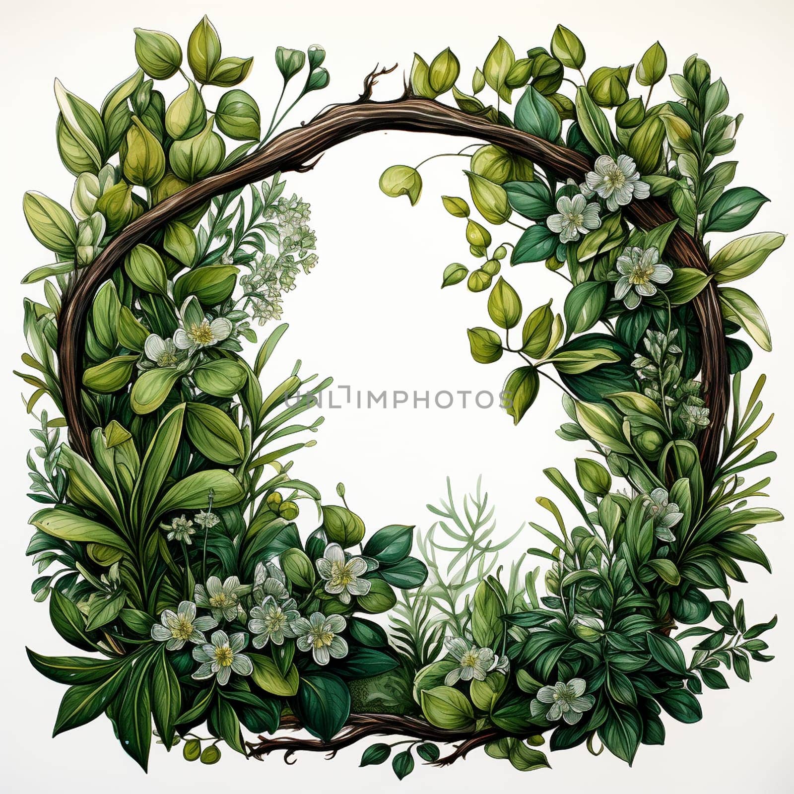 Empty blank frame with greenery elements, created with generative AI