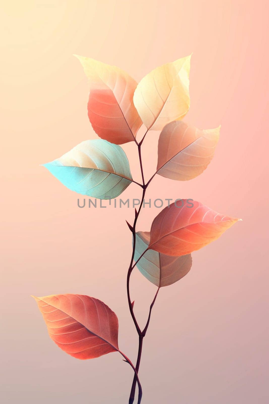 Beautiful cartoon style leaves on a pastel background, created with generative AI