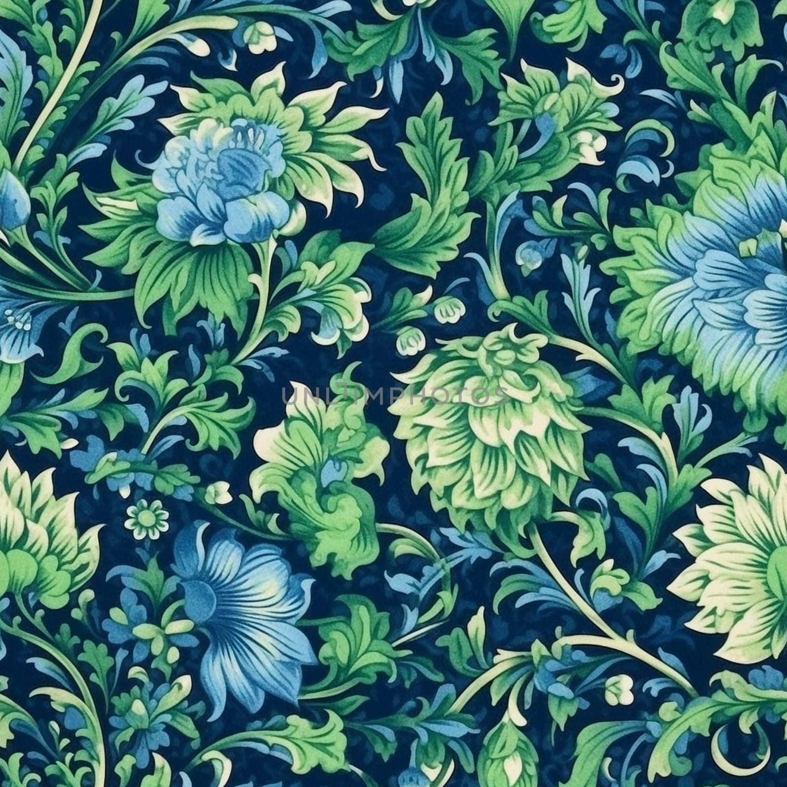 Seamless pattern tile of cotton fabrics with blue and green floral motif, created with generative AI