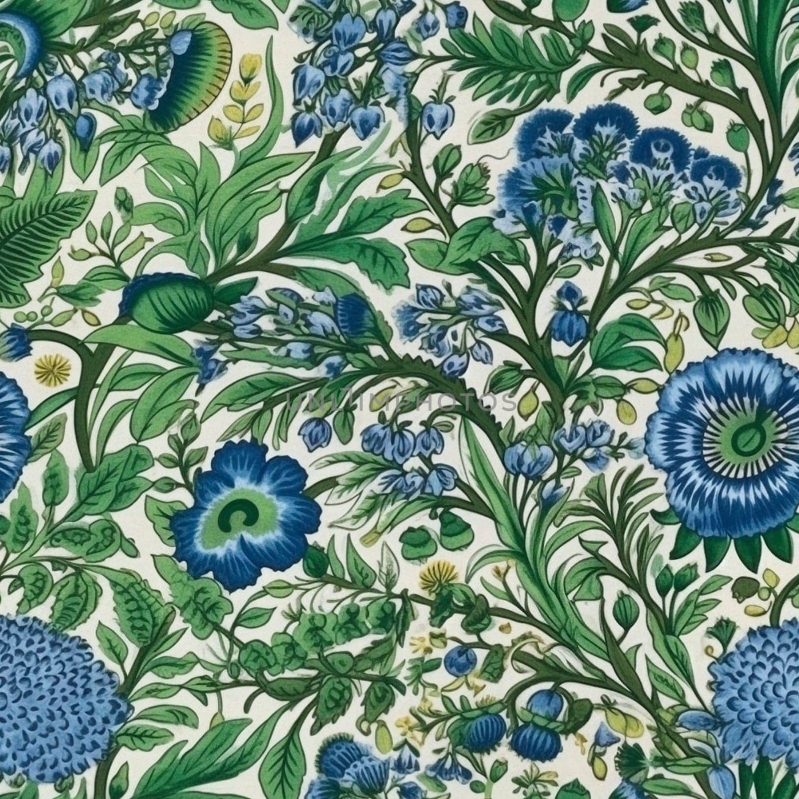 Seamless pattern tile of cotton fabrics with blue and green floral motif, created with generative AI