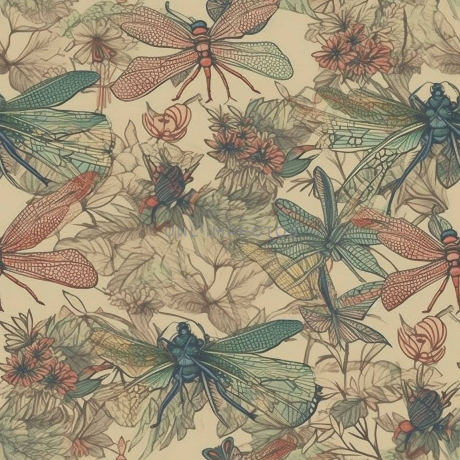 Dragonfly pastel seamless pattern tile, created with generative AI