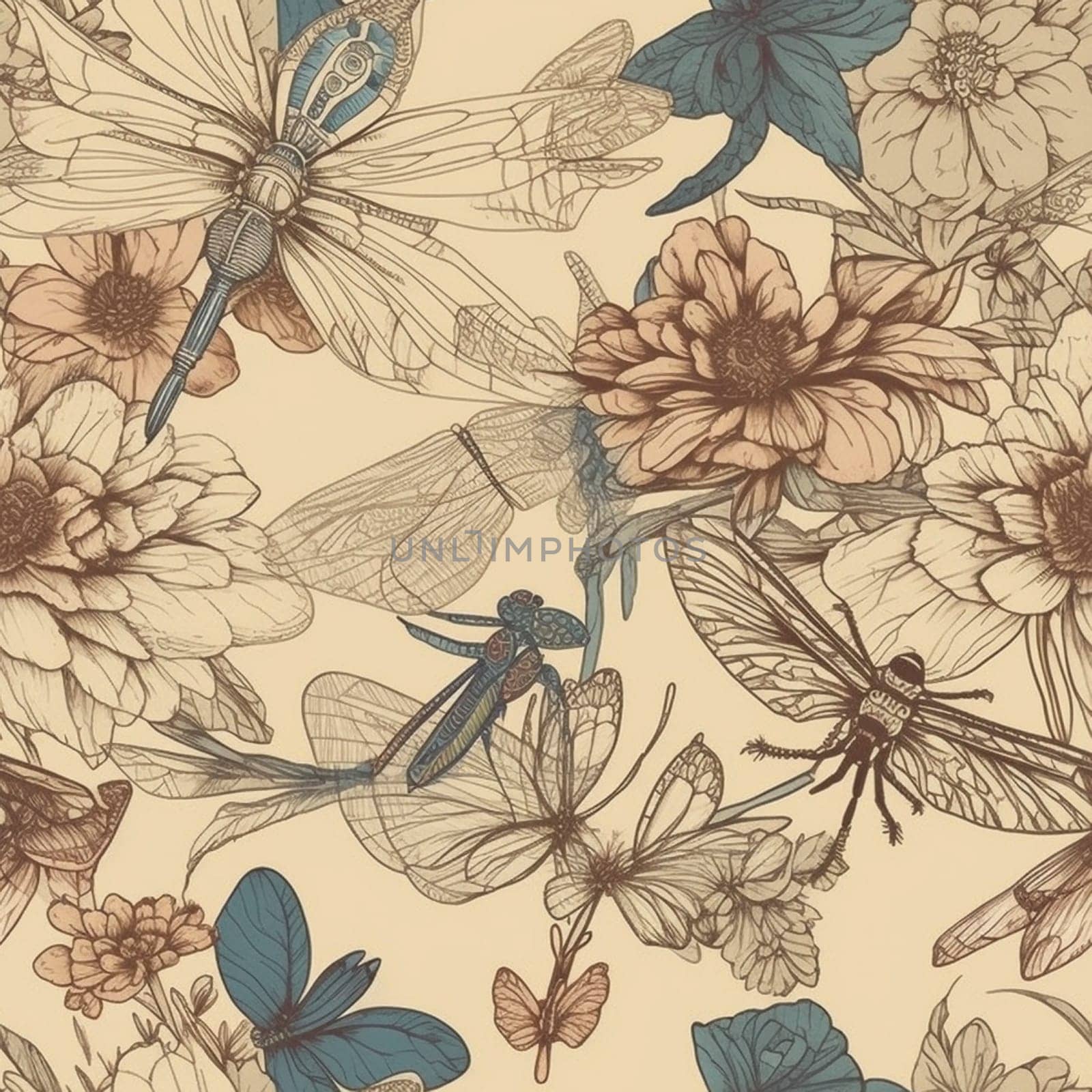 Dragonfly pastel seamless pattern tile, created with generative AI